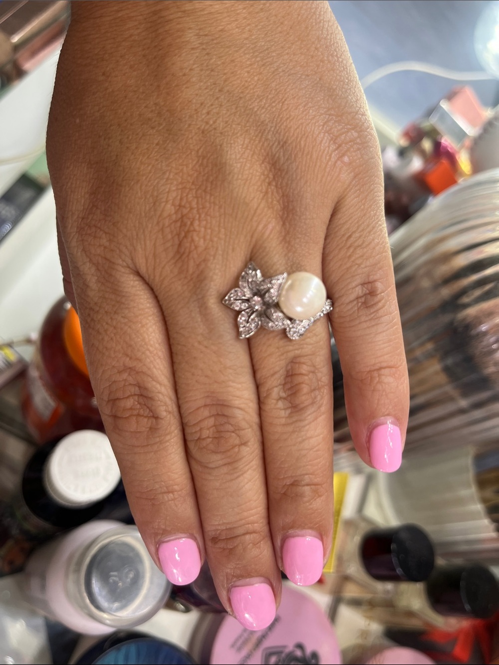 Pearl and Crystal Floral Ring in White